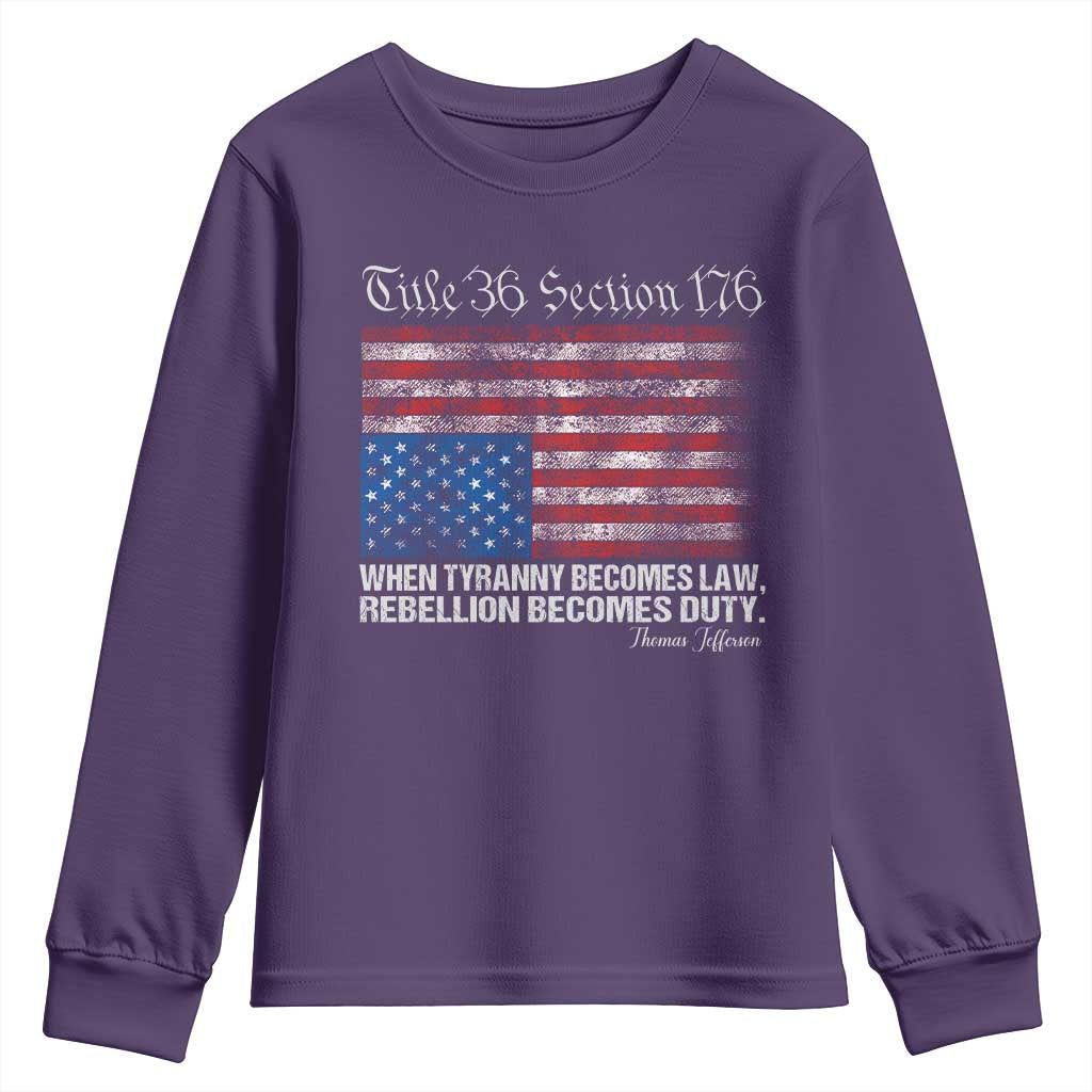 American Flag Upside Down Thomas Jefferson Youth Sweatshirt When Tyranny Becomes Law Rebellion Becomes Duty TS09 Purple Print Your Wear