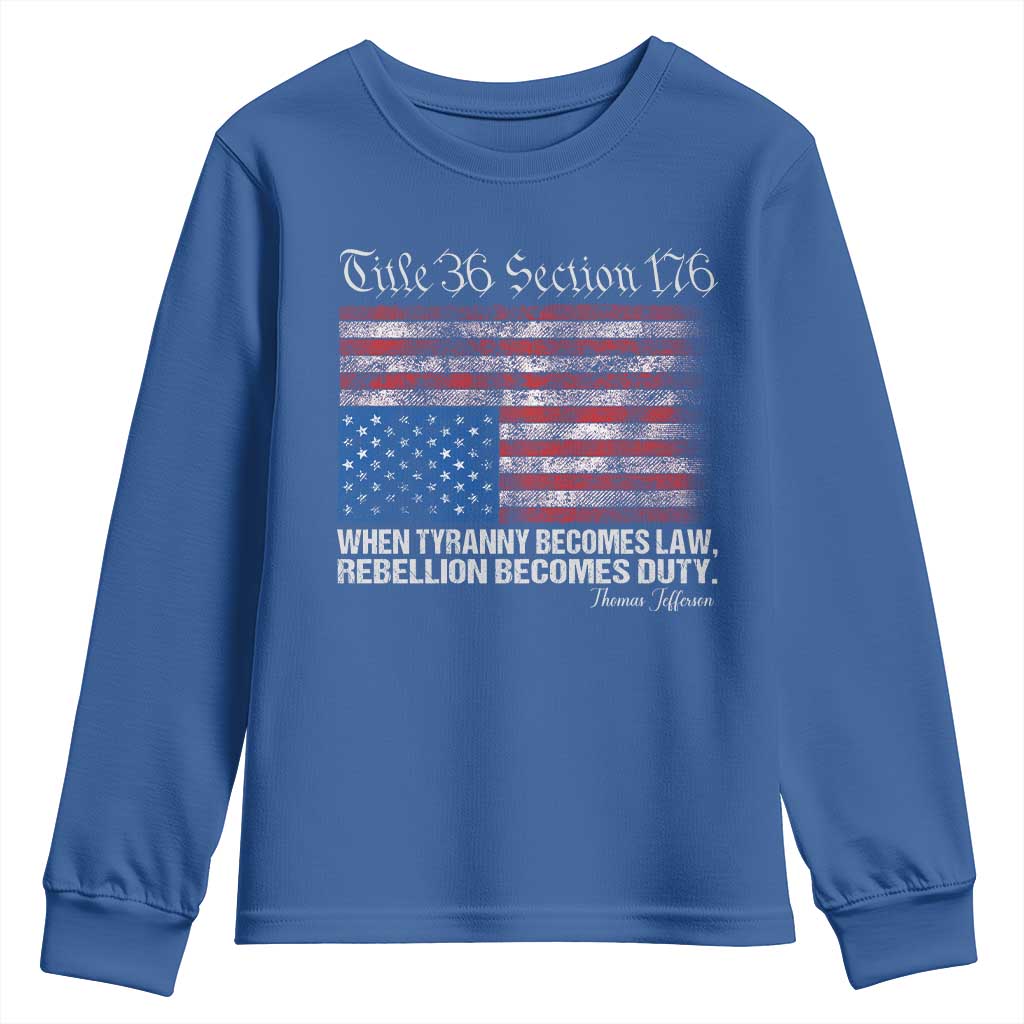 American Flag Upside Down Thomas Jefferson Youth Sweatshirt When Tyranny Becomes Law Rebellion Becomes Duty TS09 Royal Blue Print Your Wear