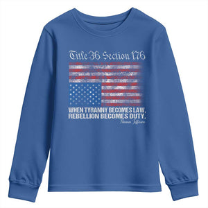 American Flag Upside Down Thomas Jefferson Youth Sweatshirt When Tyranny Becomes Law Rebellion Becomes Duty TS09 Royal Blue Print Your Wear