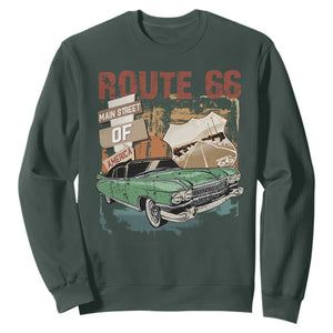 Historic Route 66 Highway Sweatshirt Main Street Of America Vintage Car TS09 Dark Forest Green Print Your Wear