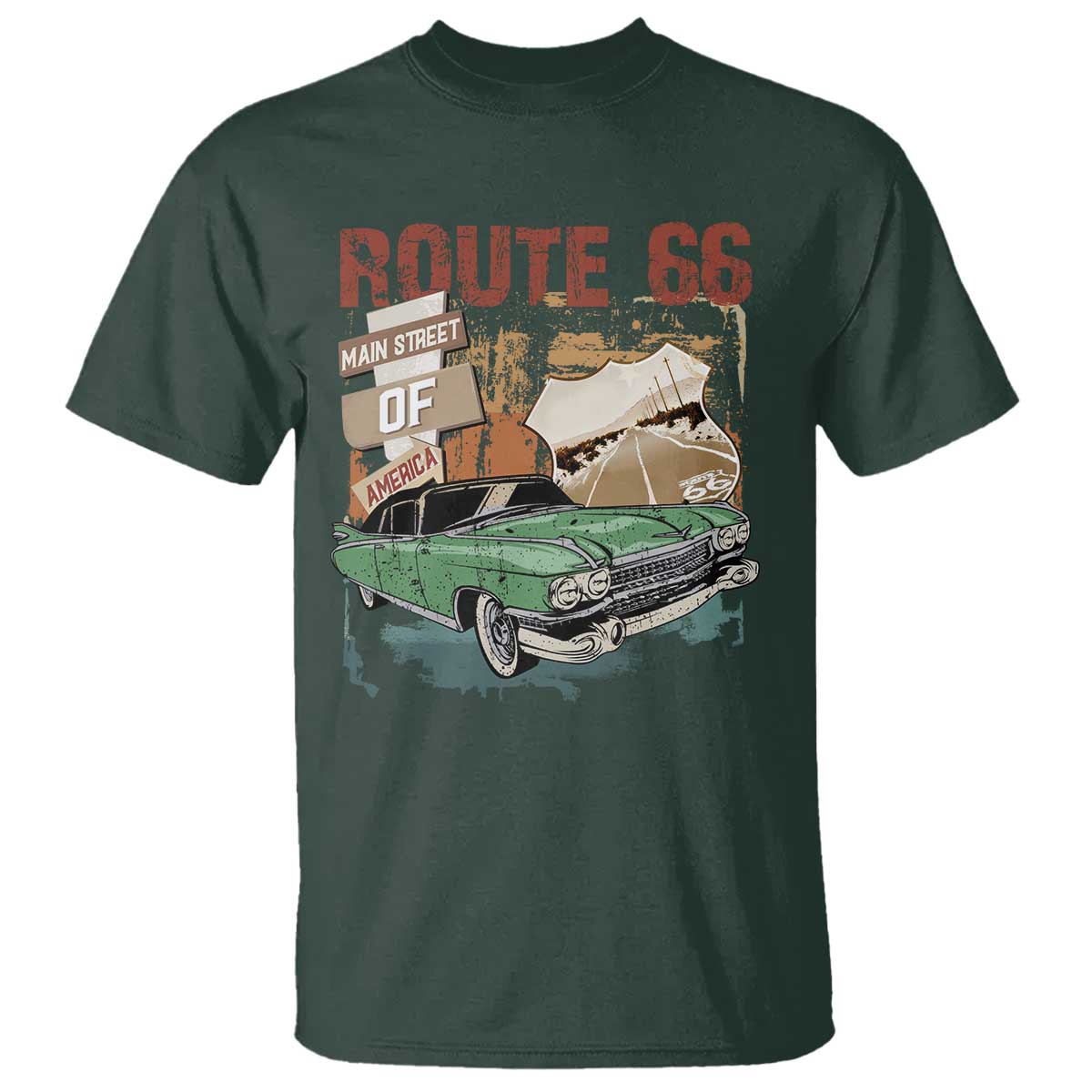 Historic Highway Mother Road 66 T Shirt Main Street Of America Vintage Car TS09 Dark Forest Green Print Your Wear