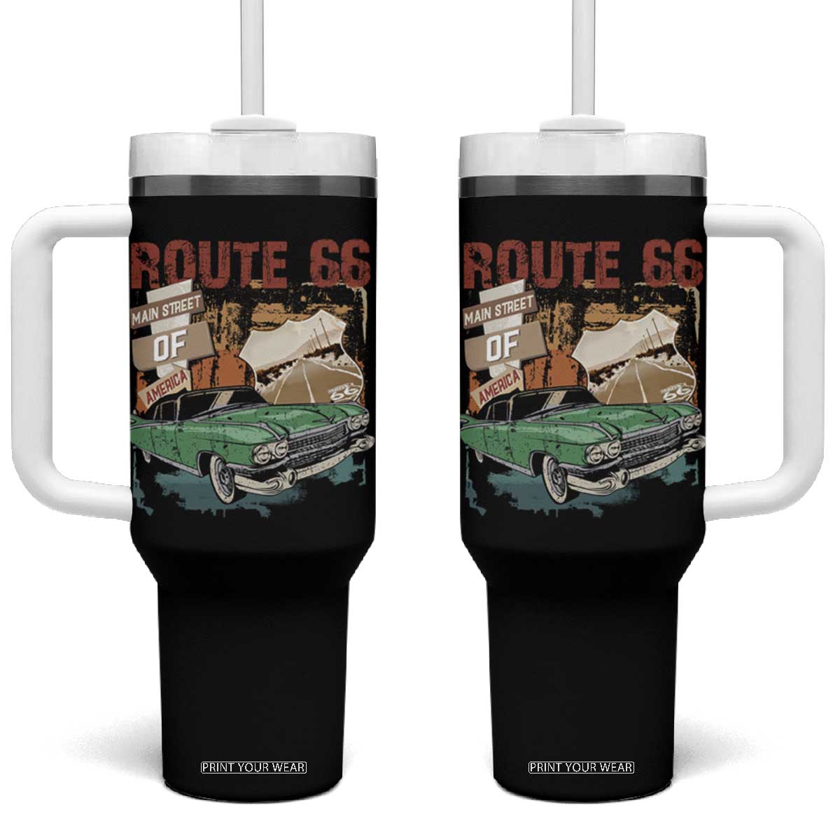 Historic Route 66 Highway Tumbler With Handle Main Street Of America Vintage Car TS09 One Size: 40 oz Black Print Your Wear