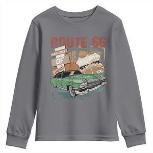 Historic Route 66 Highway Youth Sweatshirt Main Street Of America Vintage Car TS09 Charcoal Print Your Wear