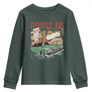 Historic Route 66 Highway Youth Sweatshirt Main Street Of America Vintage Car TS09 Dark Forest Green Print Your Wear