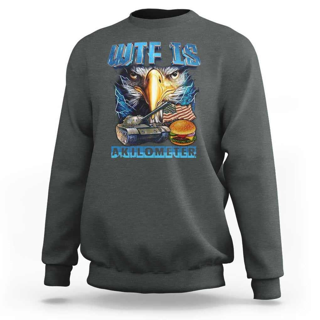 WTF Is A Kilometer Sweatshirt Funny Eagle American Joke Patriotic TS09 Dark Heather Print Your Wear