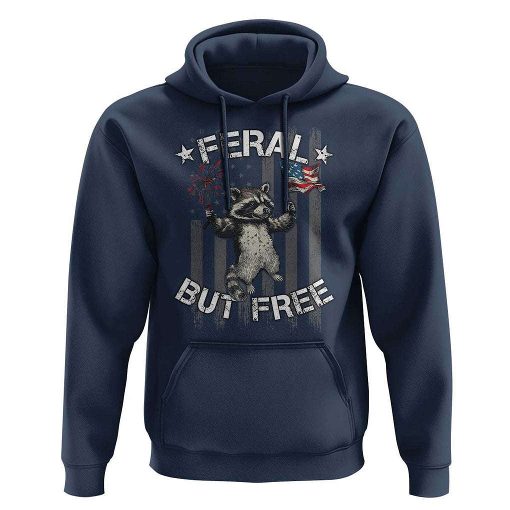 Funny 4th Of July Hoodie Feral But Free Raccoon American Flag TS09 Navy Print Your Wear