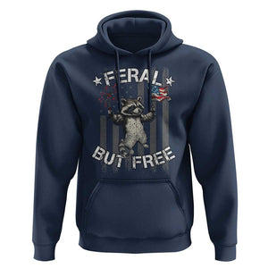 Funny 4th Of July Hoodie Feral But Free Raccoon American Flag TS09 Navy Print Your Wear