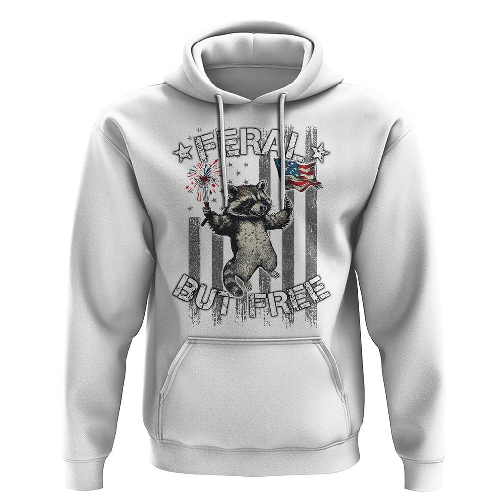 Funny 4th Of July Hoodie Feral But Free Raccoon American Flag TS09 White Print Your Wear