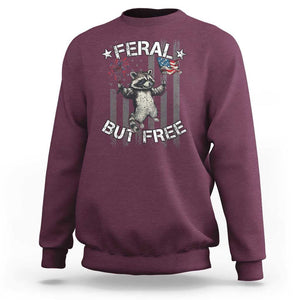 Funny 4th Of July Sweatshirt Feral But Free Raccoon American Flag TS09 Maroon Print Your Wear