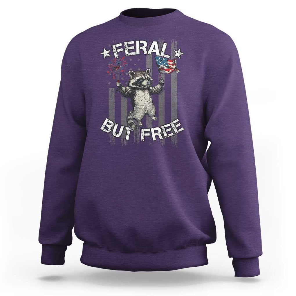 Funny 4th Of July Sweatshirt Feral But Free Raccoon American Flag TS09 Purple Print Your Wear