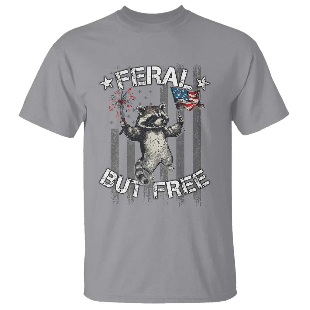 Funny 4th Of July T Shirt Feral But Free Raccoon American Flag TS09 Sport Gray Print Your Wear