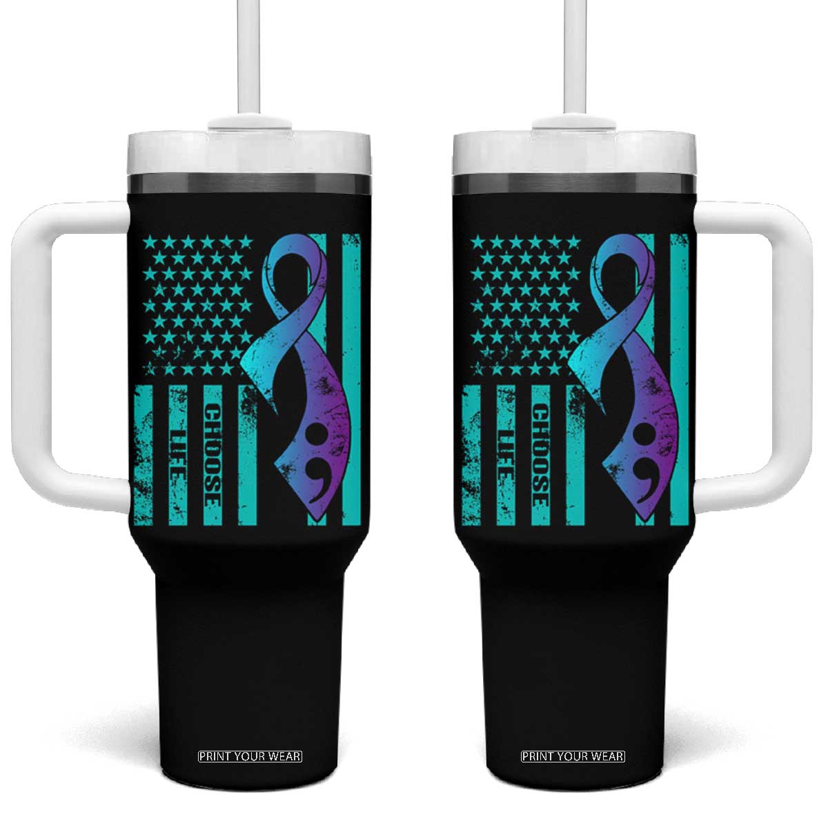 Suicide Prevention Tumbler With Handle Choose Life American Flag TS09 One Size: 40 oz Black Print Your Wear