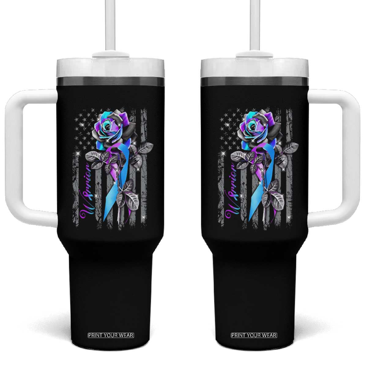 Suicide Prevention Tumbler With Handle Warrior Rose American Flag TS09 One Size: 40 oz Black Print Your Wear
