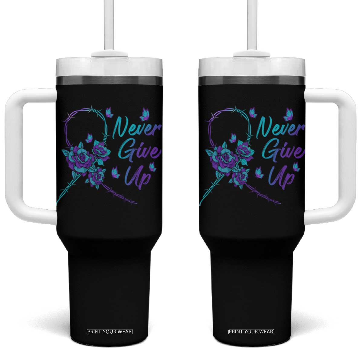 Suicide Prevention Roses Ribbon Never Give Up Tumbler With Handle TS09 One Size: 40 oz Black Print Your Wear