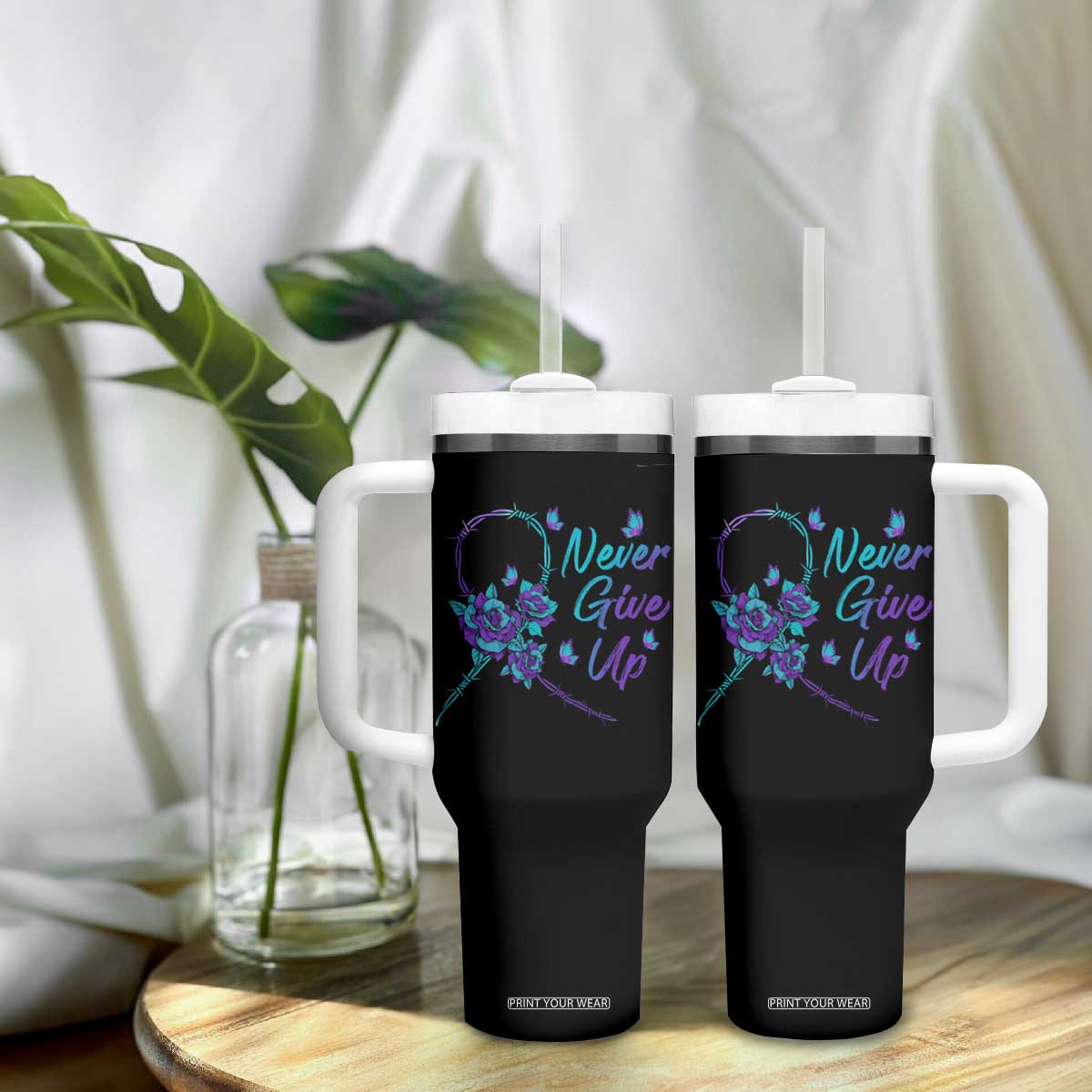 Suicide Prevention Roses Ribbon Never Give Up Tumbler With Handle TS09 Print Your Wear