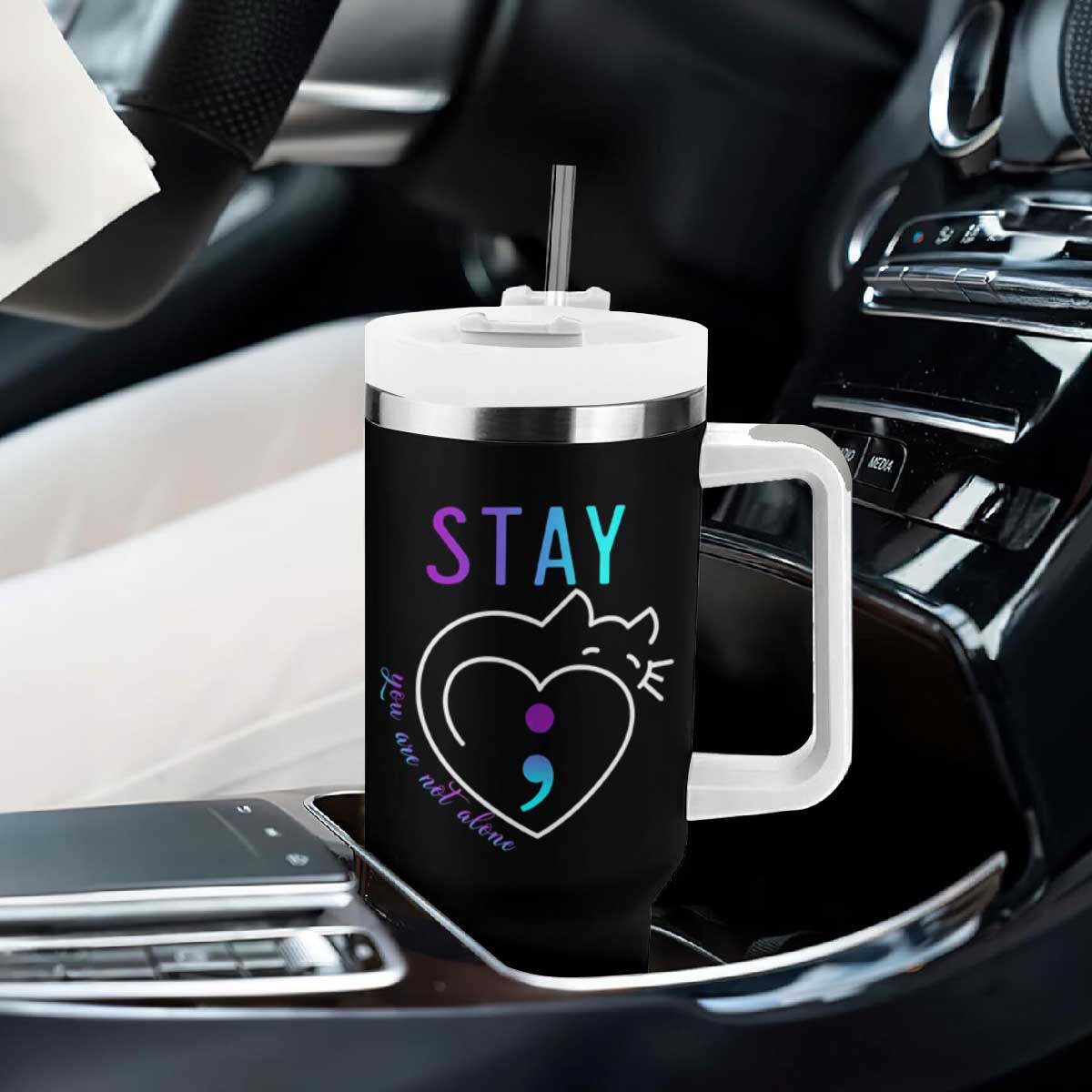 Suicide Prevention Cat Lover Tumbler With Handle You Are Not Alone Cute Cats Stay Semicolon TS09 Print Your Wear
