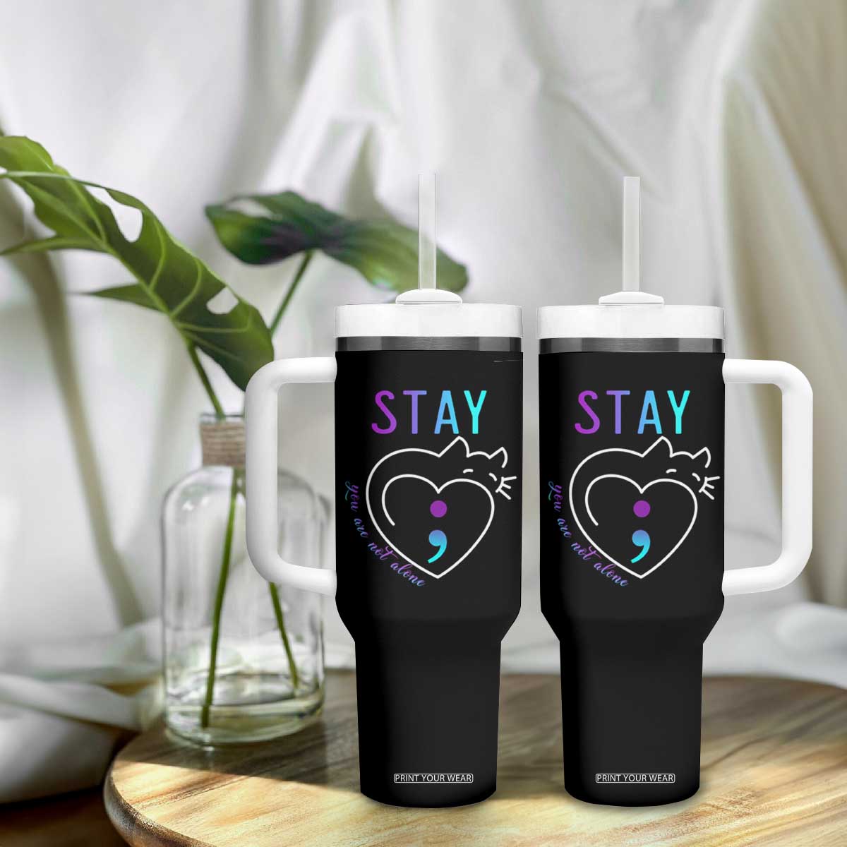 Suicide Prevention Cat Lover Tumbler With Handle You Are Not Alone Cute Cats Stay Semicolon TS09 Print Your Wear