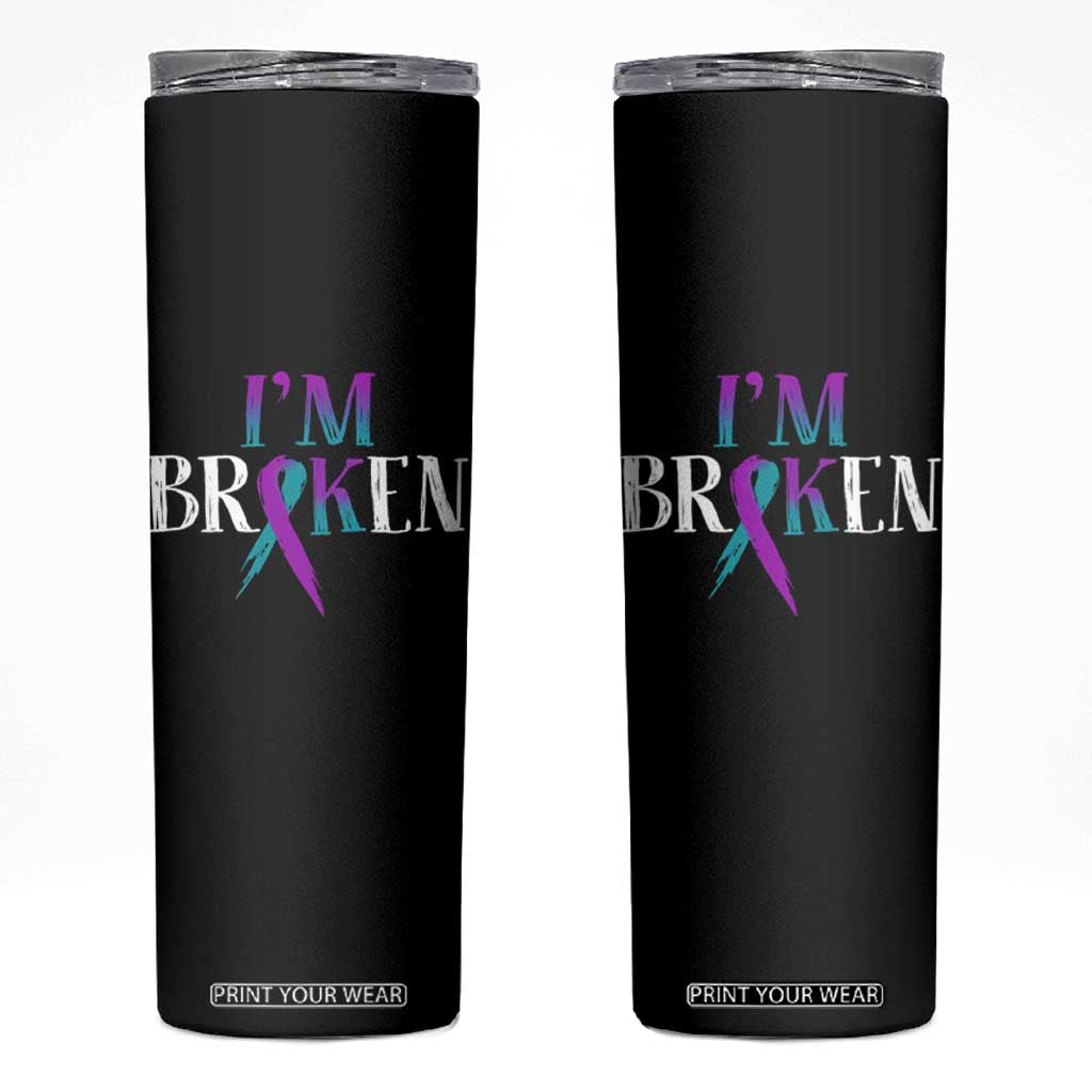 Suicide Prevention Skinny Tumbler I'm Ok Broken Teal And Purple Ribbon TS09 Black Print Your Wear