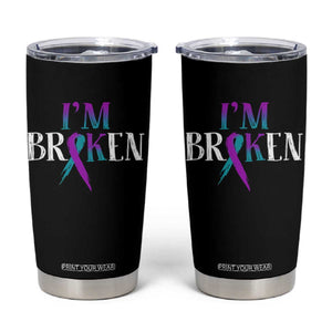Suicide Prevention Tumbler Cup I'm Ok Broken Teal And Purple Ribbon TS09 Black Print Your Wear
