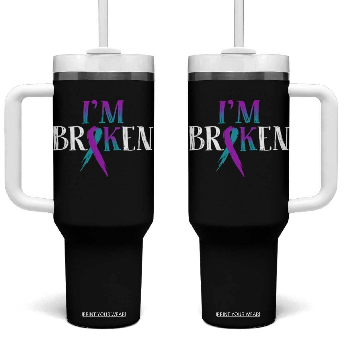 Suicide Prevention Tumbler With Handle I'm Ok Broken Teal And Purple Ribbon TS09 One Size: 40 oz Black Print Your Wear