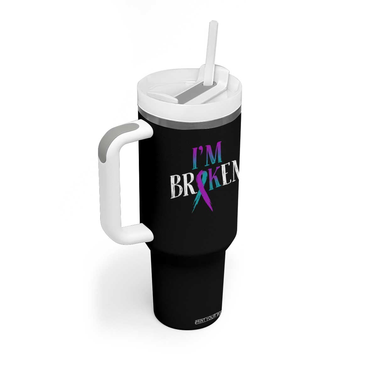 Suicide Prevention Tumbler With Handle I'm Ok Broken Teal And Purple Ribbon TS09 Print Your Wear