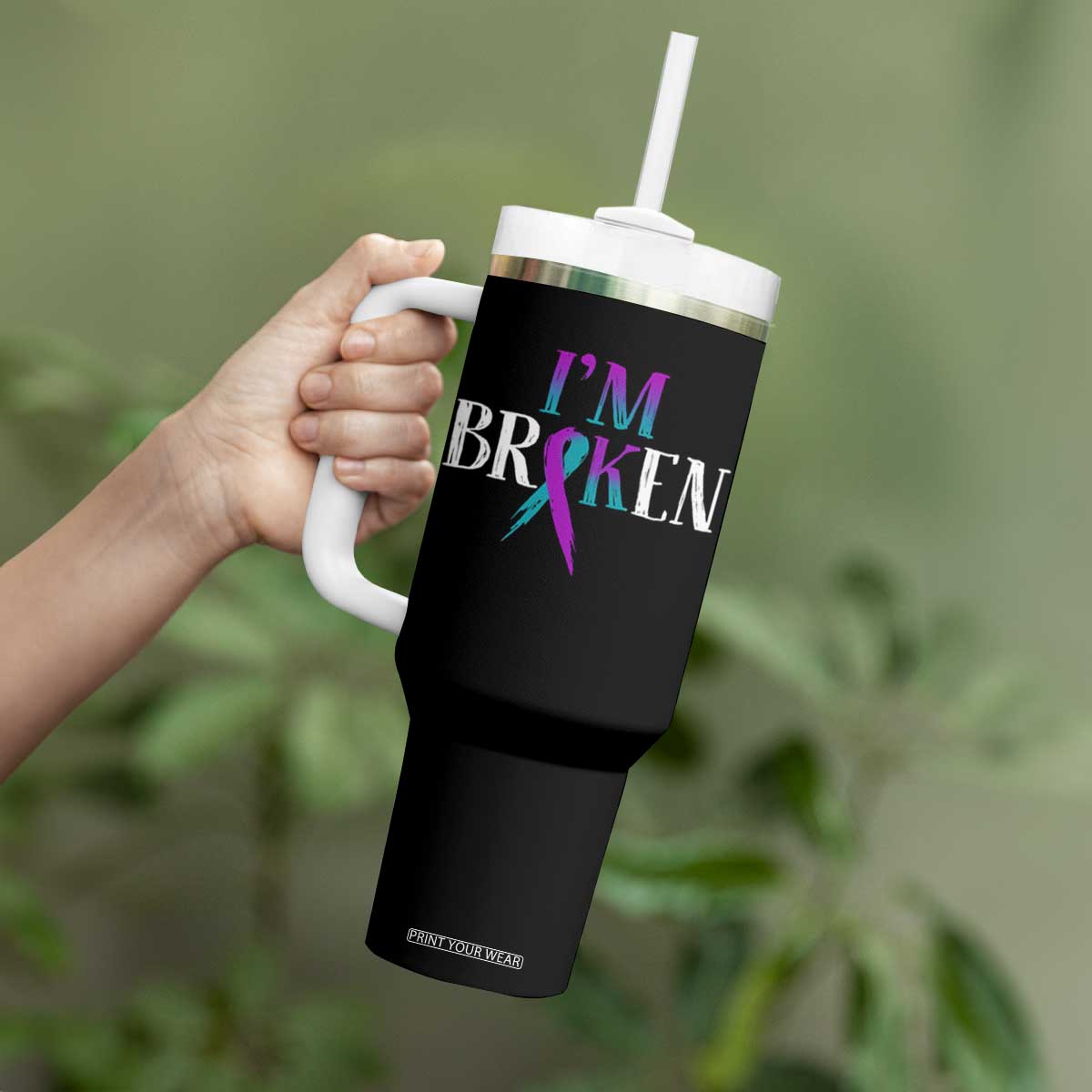 Suicide Prevention Tumbler With Handle I'm Ok Broken Teal And Purple Ribbon TS09 Print Your Wear