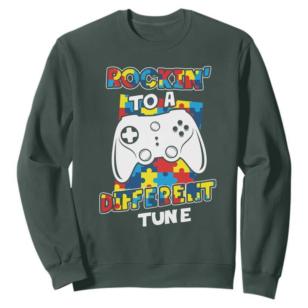 Autism Awareness Sweatshirt Rocking To A Different Tune Autistic Gamer TS09 Dark Forest Green Printyourwear
