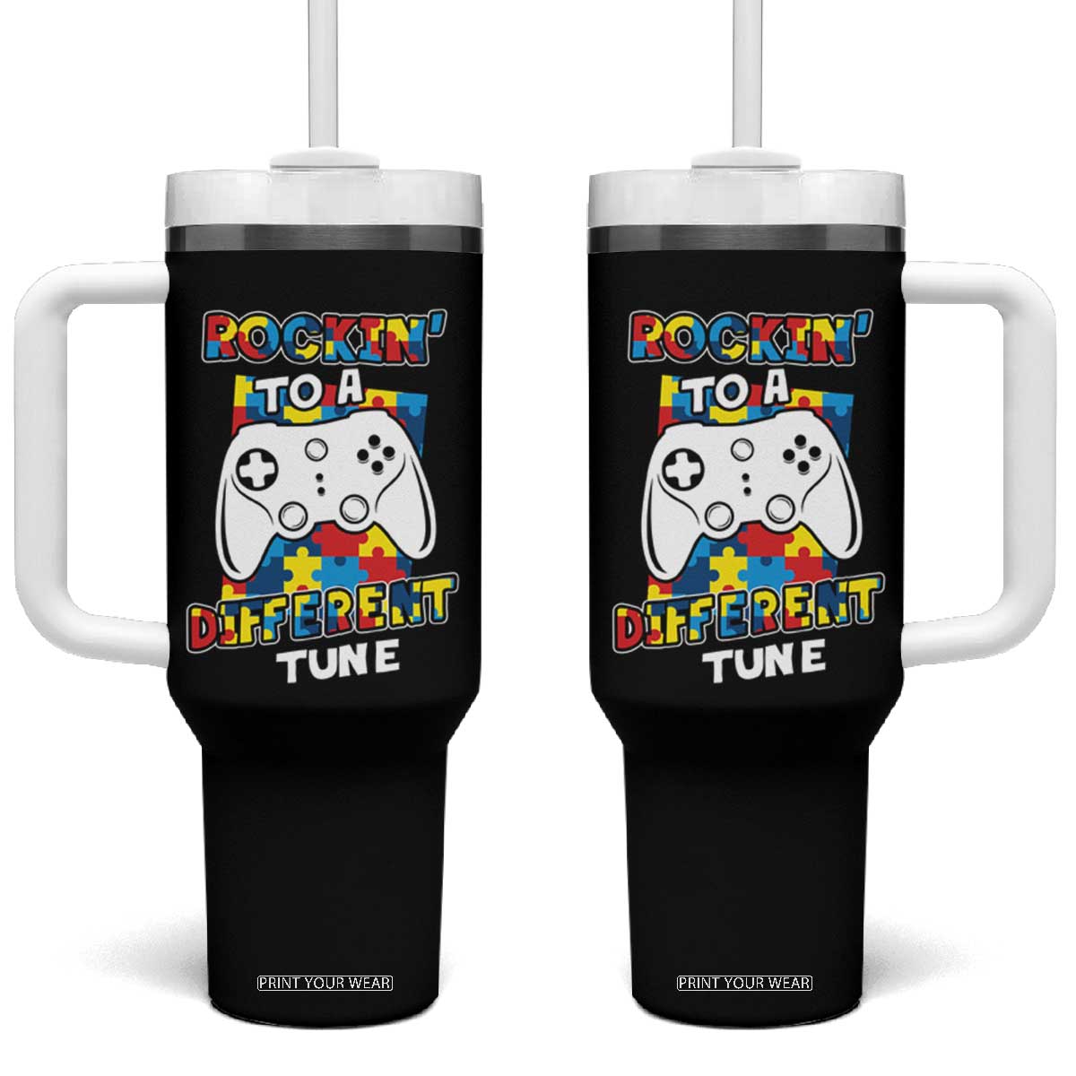 Autism Awareness Tumbler With Handle Rocking To A Different Tune Autistic Gamer TS09 One Size: 40 oz Black Print Your Wear