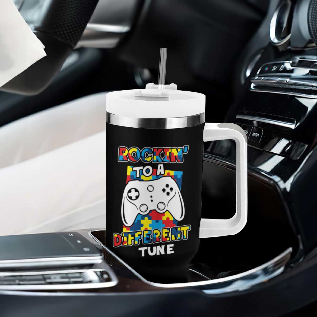 Autism Awareness Tumbler With Handle Rocking To A Different Tune Autistic Gamer TS09 Print Your Wear