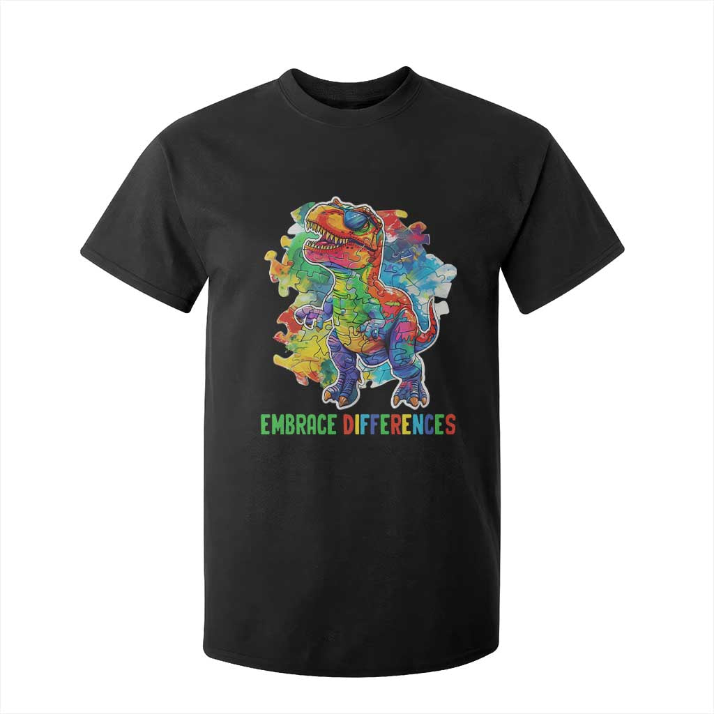 Autism Awareness T Shirt For Kid Embrace Differences Puzzle Dinosaur TS09 Black Printyourwear