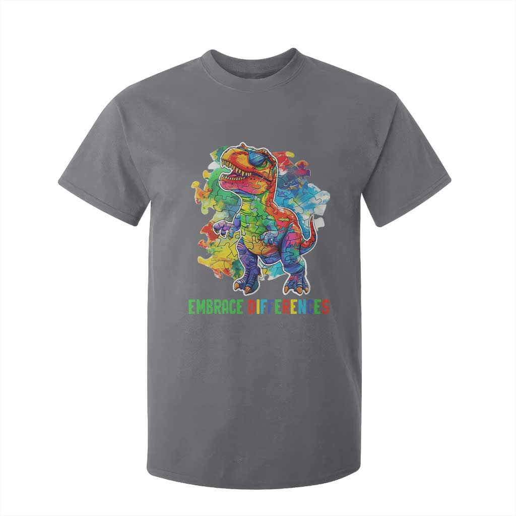 Autism Awareness T Shirt For Kid Embrace Differences Puzzle Dinosaur TS09 Charcoal Printyourwear