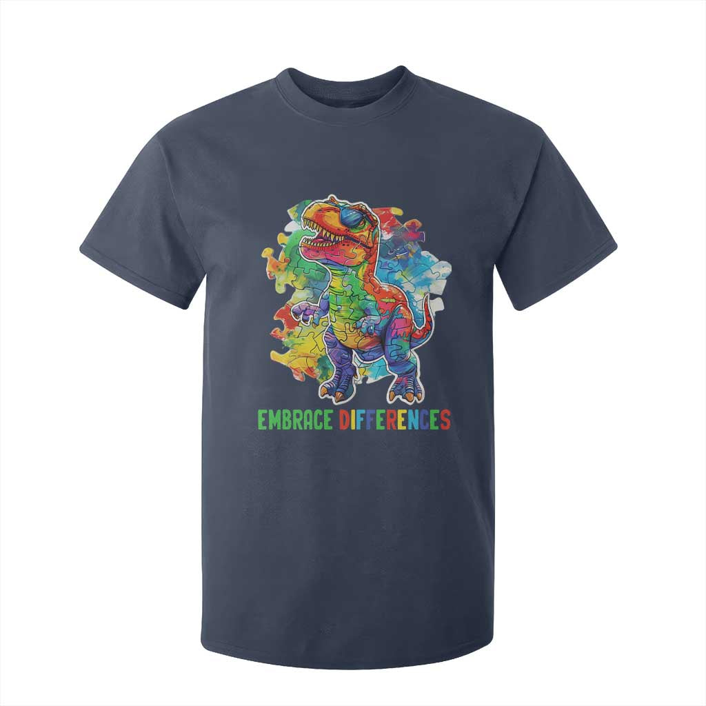 Autism Awareness T Shirt For Kid Embrace Differences Puzzle Dinosaur TS09 Navy Printyourwear