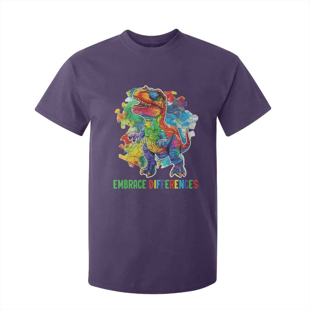Autism Awareness T Shirt For Kid Embrace Differences Puzzle Dinosaur TS09 Purple Printyourwear