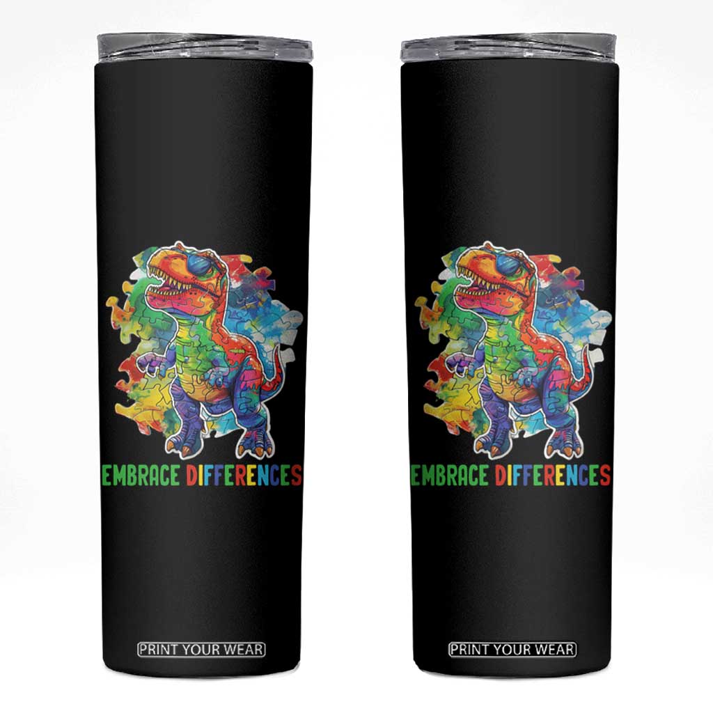 Autism Awareness Skinny Tumbler Embrace Differences Puzzle Dinosaur TS09 Black Print Your Wear