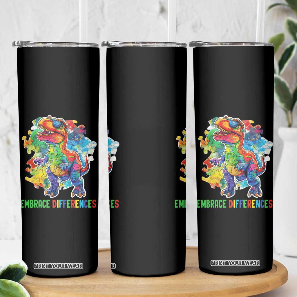 Autism Awareness Skinny Tumbler Embrace Differences Puzzle Dinosaur TS09 Print Your Wear