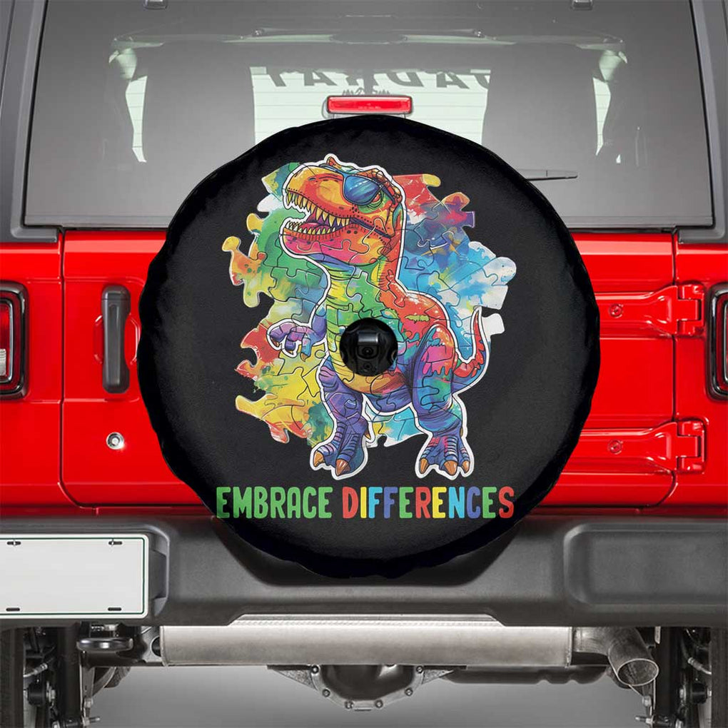 Autism Awareness Spare Tire Cover Embrace Differences Puzzle Dinosaur TS09 Black Print Your Wear