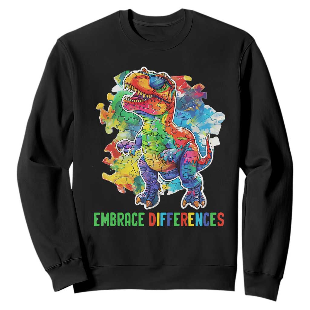 Autism Awareness Sweatshirt Embrace Differences Puzzle Dinosaur TS09 Black Printyourwear