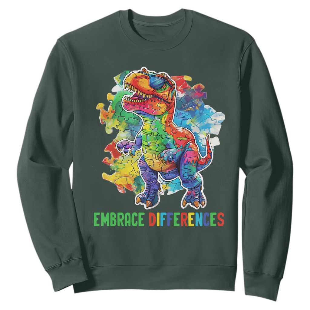 Autism Awareness Sweatshirt Embrace Differences Puzzle Dinosaur TS09 Dark Forest Green Printyourwear