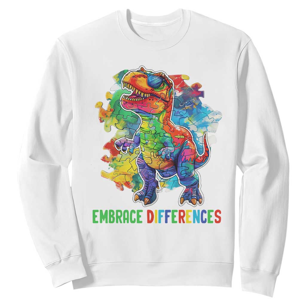 Autism Awareness Sweatshirt Embrace Differences Puzzle Dinosaur TS09 White Printyourwear