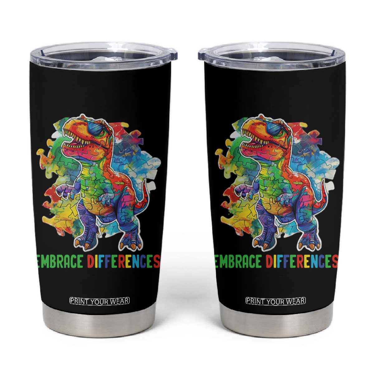 Autism Awareness Tumbler Cup Embrace Differences Puzzle Dinosaur TS09 Black Print Your Wear