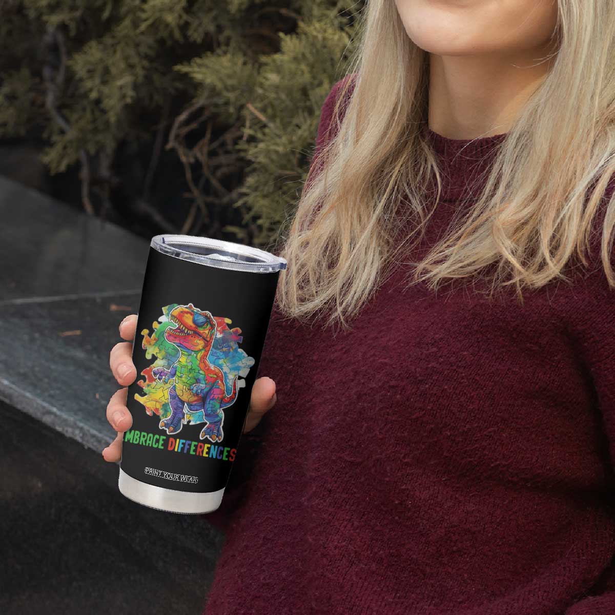 Autism Awareness Tumbler Cup Embrace Differences Puzzle Dinosaur TS09 Print Your Wear