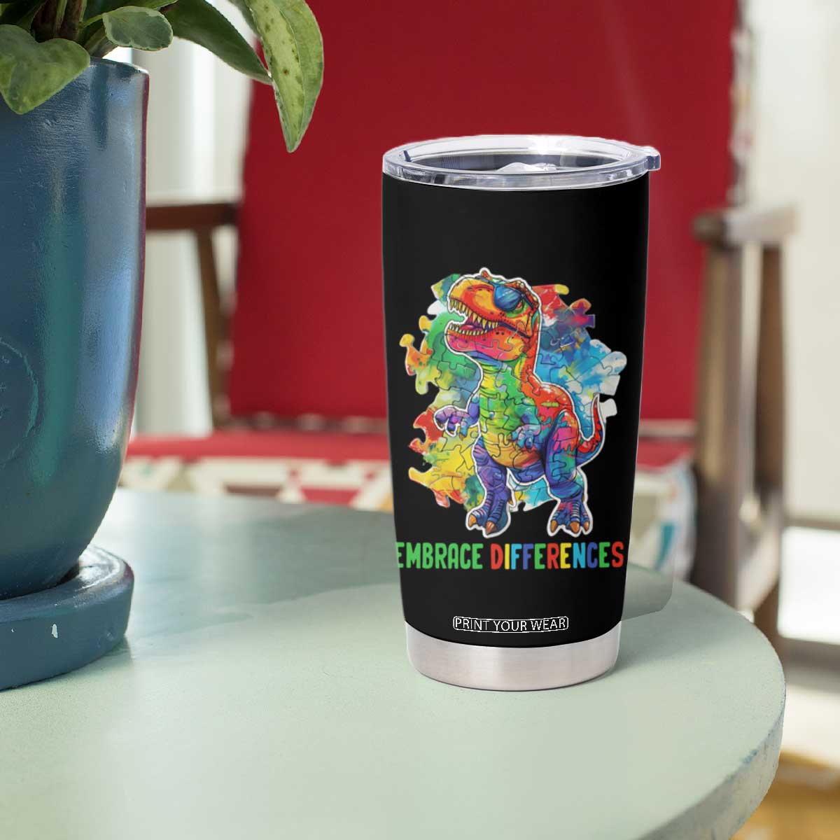Autism Awareness Tumbler Cup Embrace Differences Puzzle Dinosaur TS09 Print Your Wear