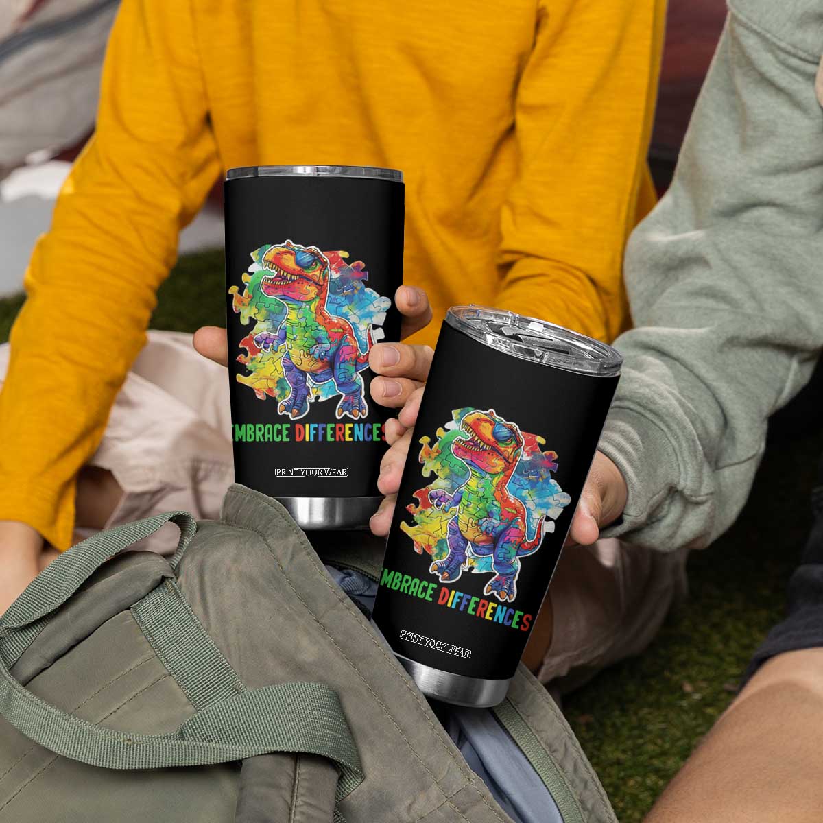 Autism Awareness Tumbler Cup Embrace Differences Puzzle Dinosaur TS09 Print Your Wear