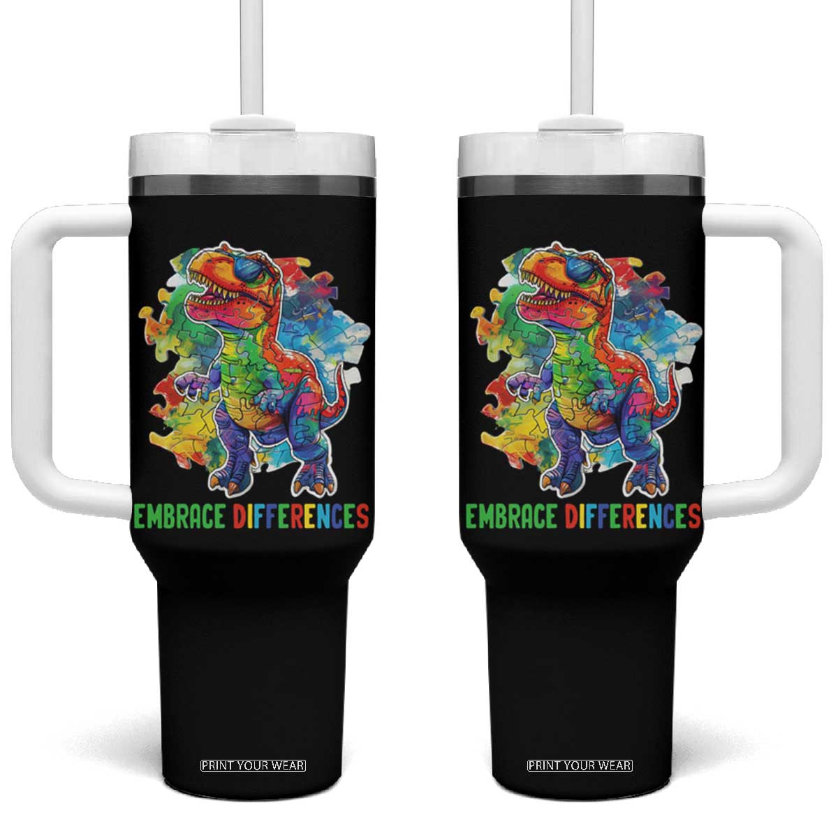 Autism Awareness Tumbler With Handle Embrace Differences Puzzle Dinosaur TS09 One Size: 40 oz Black Print Your Wear