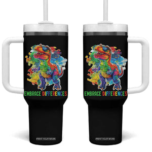Autism Awareness Tumbler With Handle Embrace Differences Puzzle Dinosaur TS09 One Size: 40 oz Black Print Your Wear