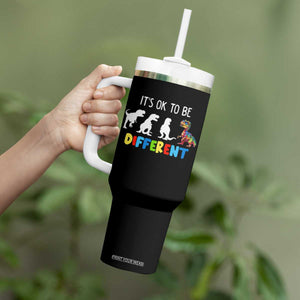 Autism Awareness Tumbler With Handle It's Ok To Be Different Puzzle Dinosaur TS09 Print Your Wear