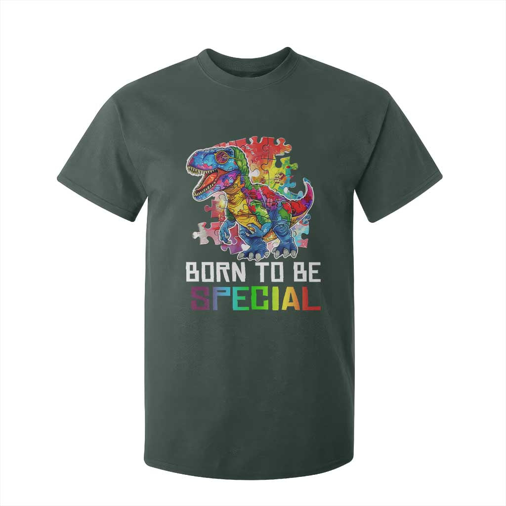 Autism Awareness T Shirt For Kid Born To Be Special Rainbow Puzzle Dinosaur TS09 Dark Forest Green Printyourwear