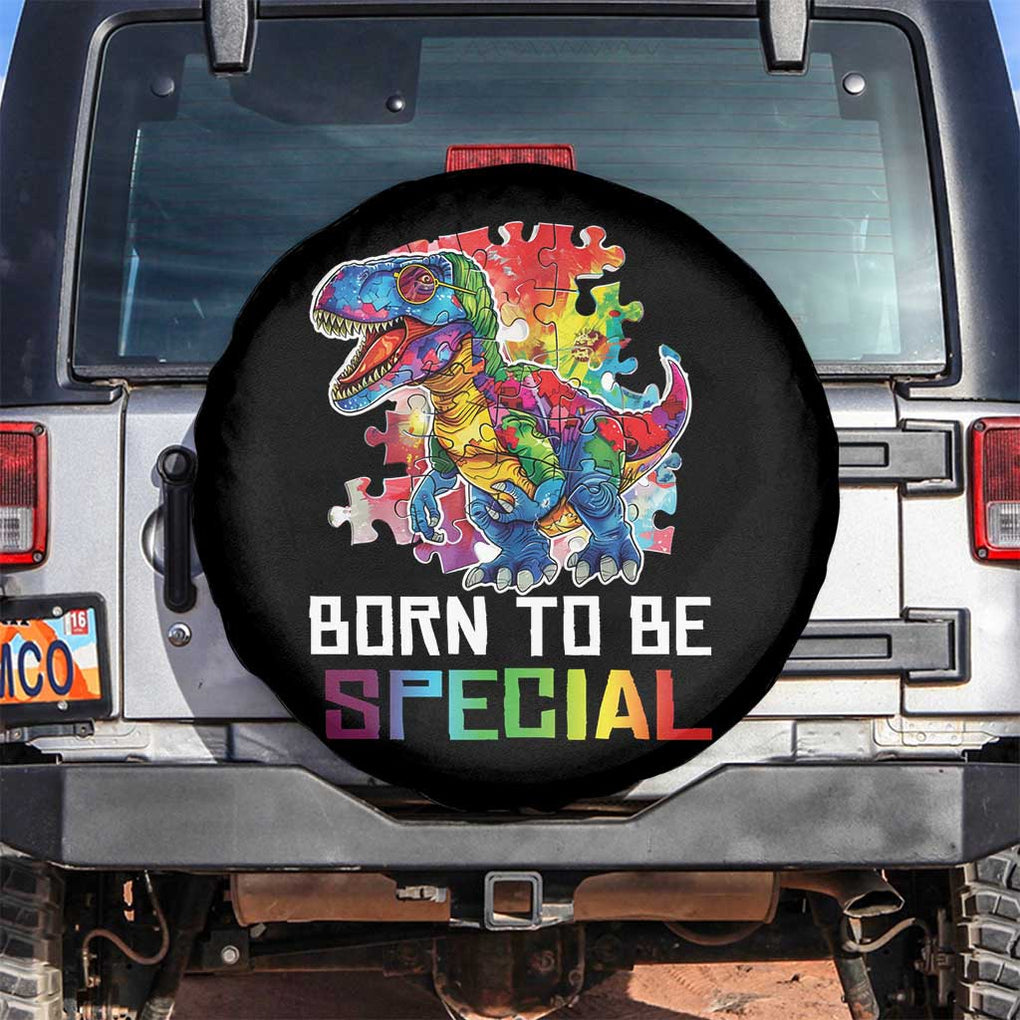 Autism Awareness Spare Tire Cover Born To Be Special Rainbow Puzzle Dinosaur TS09 No hole Black Print Your Wear
