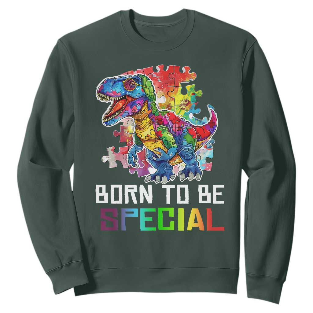 Autism Awareness Sweatshirt Born To Be Special Rainbow Puzzle Dinosaur TS09 Dark Forest Green Printyourwear