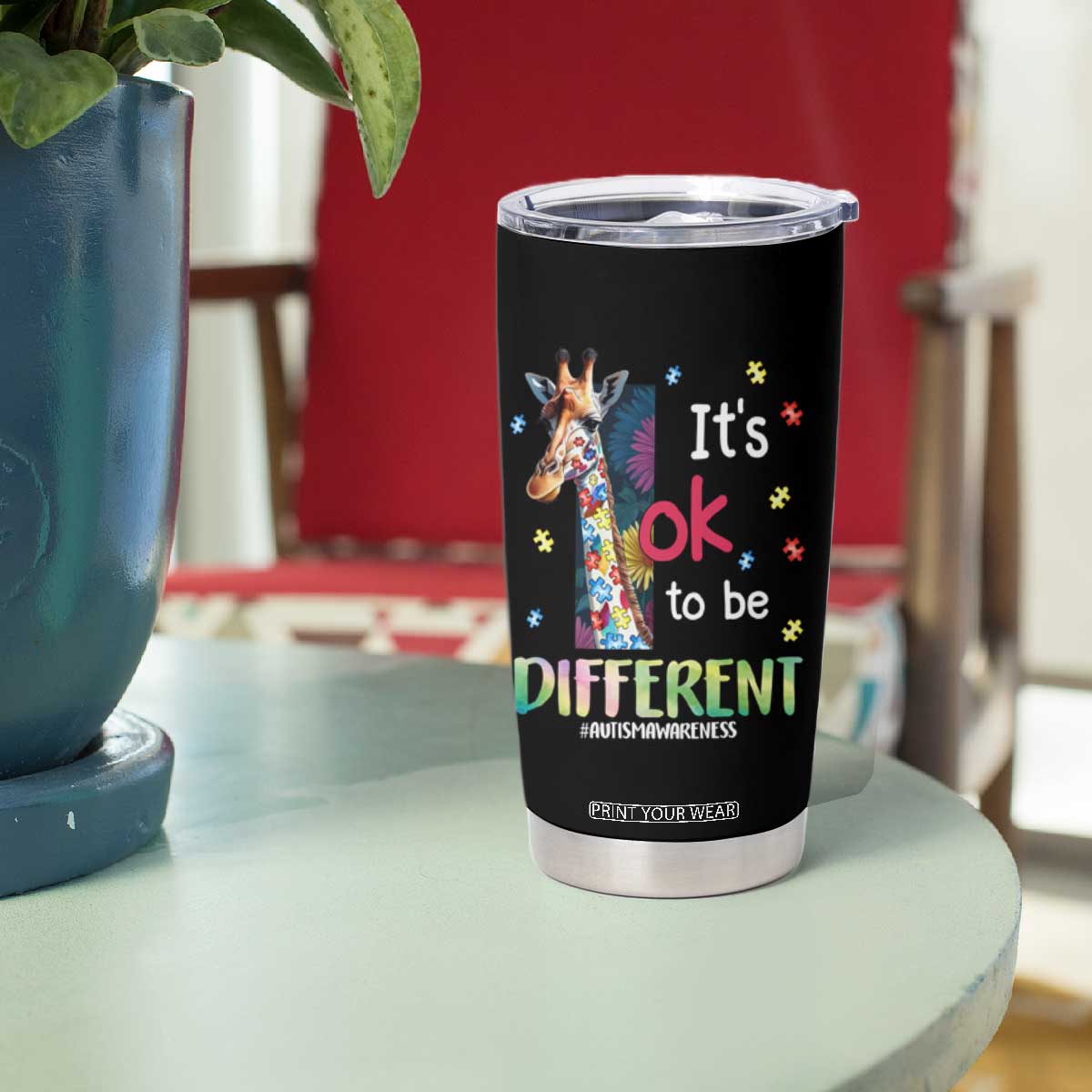 Autism Awareness Tumbler Cup It's Ok To Be Different Puzzle Giraffe TS09 Print Your Wear